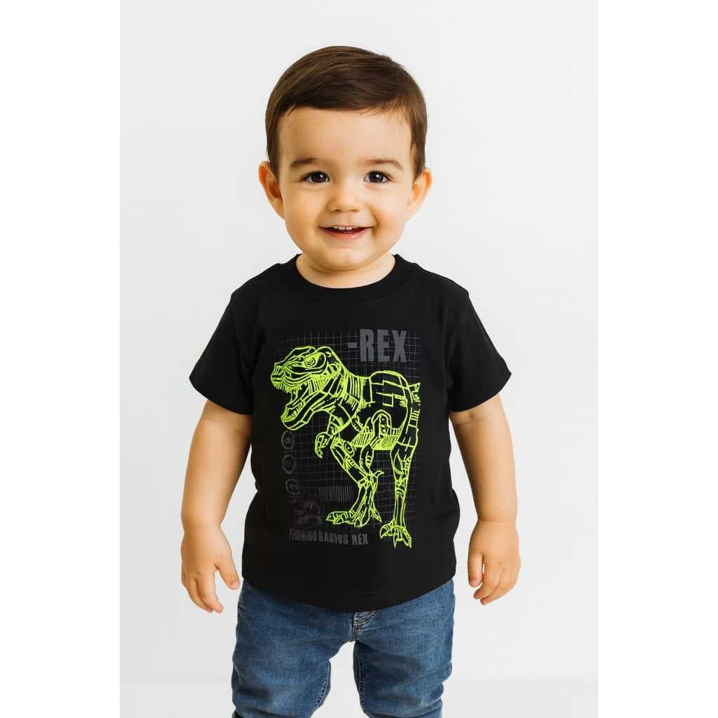Camiseta Infantil Selerelepe Kids Dino T-Rex – Algodão Confortável | Estampa Neon Divertida