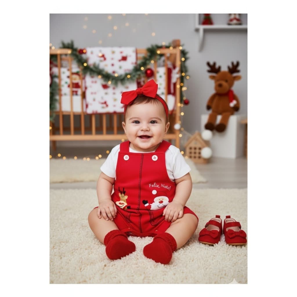 Conjunto Jardineira Bebê Unissex Suedine Feliz Natal