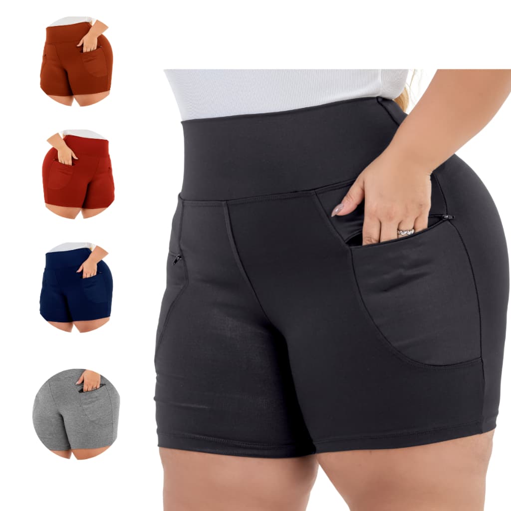 Bermuda Feminina Plus Size Short Cintura Alta Bolso com Ziper Efeito Lipo do GG ao G4