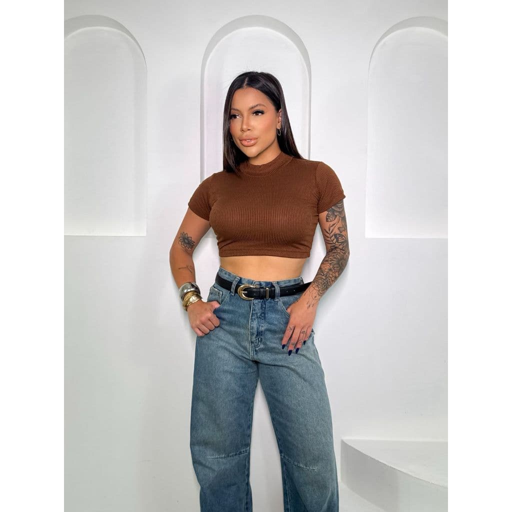 Cropped Canelado Feminino Gola Alta Manga curta Lisa Top
