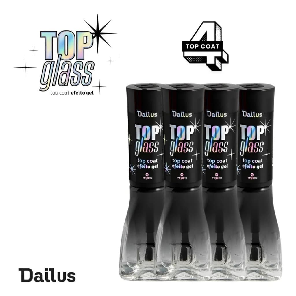 Dailus Kit Com 4 TOP GLASS Esmalte Top Coat Efeito Gel secagem rapida 8ml