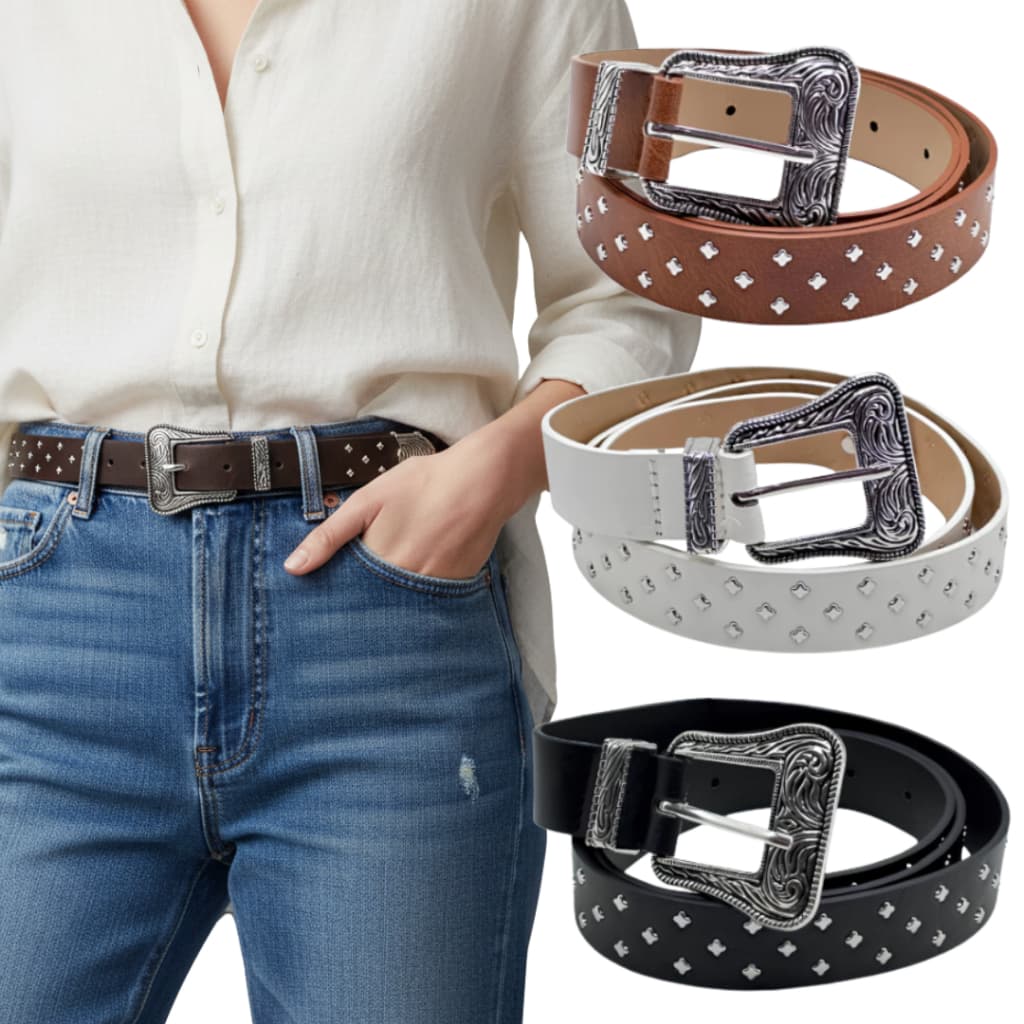Cinto Feminino Em Pu Fivela Prata Com Gravuras Moda Elegante E Detalhes Em Metal Shr