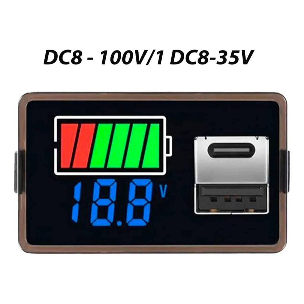Voltímetro Digital Automotivo com Indicador de Bateria e Carregador USB Tipo-C 8V a 100V