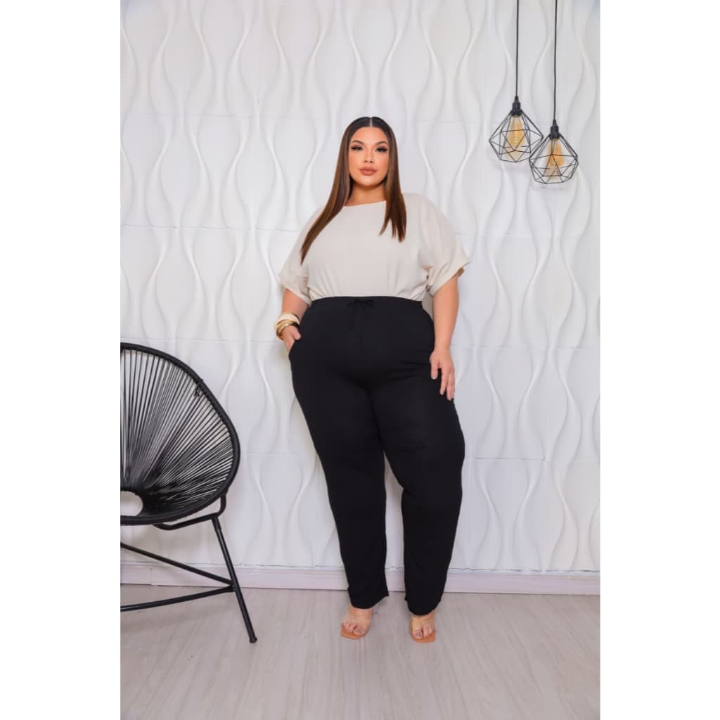 Calça Pantalona Feminina Plus Size Cintura Alta com Elástico e Bolsos
