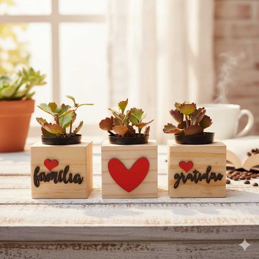 Kit 3 Vasos Cachepot Madeira Pinus P/ Suculentas, Cactos, Plantas e Decoração