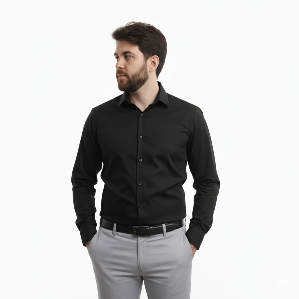 Camisa Social Preta Masculina Manga Longa Slim Fit Premium De Algodão e Poliéster