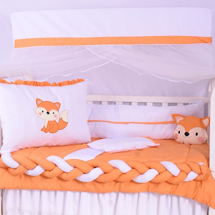 Kit Berço Trança Raposinha Branco/Laranja + Almofada de raposa - 09 Peças
