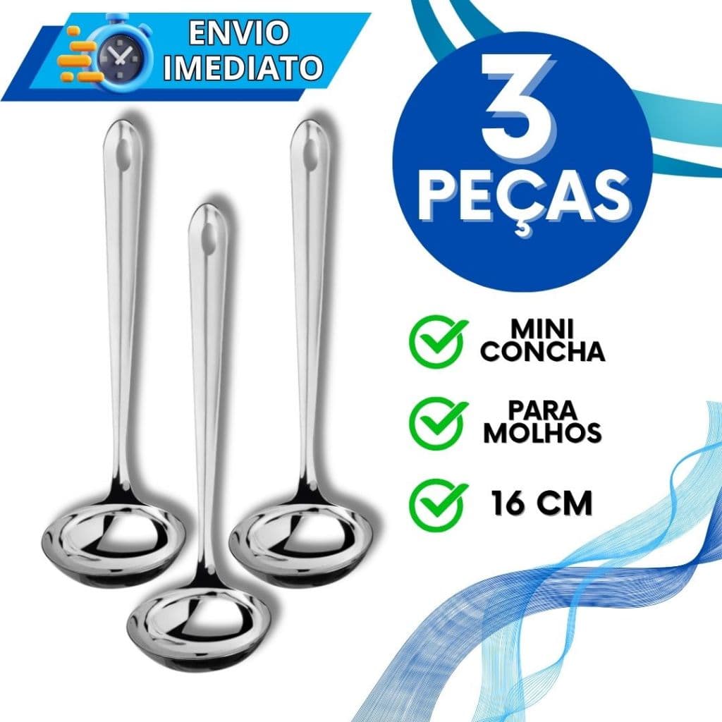 KIT Jogo 3 Mini Concha Pequena Aço Inox Para Servir Molho Caldos Caldinho Calda Farofa Vinagrete Utensílios Metal