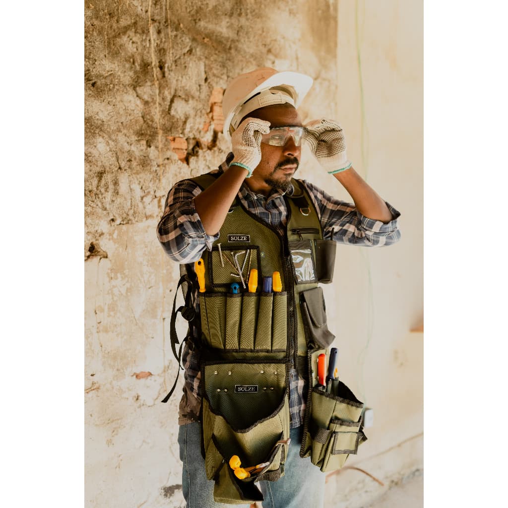 Colete para Ferramentas Solze Verde Militar e Preto com Pockets Removíveis, Peça Magnética Removivel
