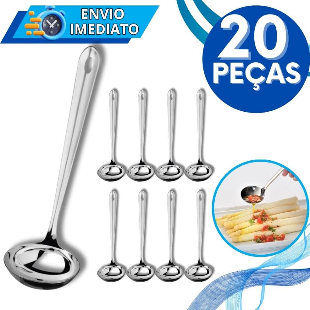 KIT Jogo 20 Mini Concha Pequena Aço Inox Para Servir Molho Caldos Caldinho Calda Farofa Vinagrete Utensílios Metal