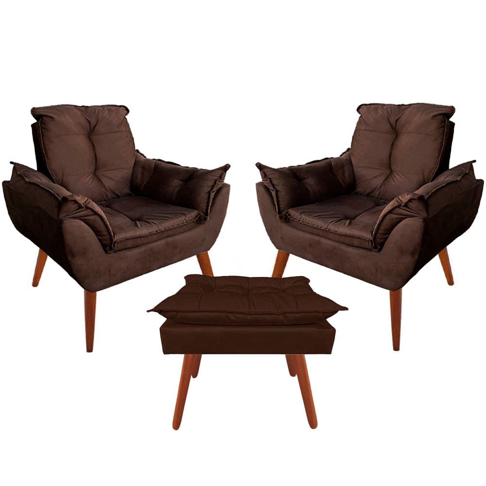 Conjunto 02 Poltronas Decorativas Opala + Puff Pés Palito Em Madeira - Decore Interiores