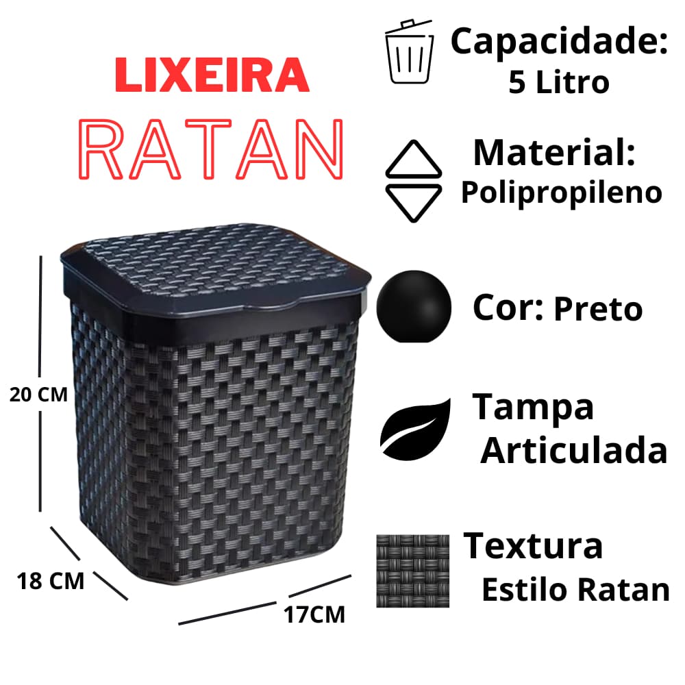 LIXEIRA PIA RATTAN COM TAMPA LUXO PRETA – 5 LITROS