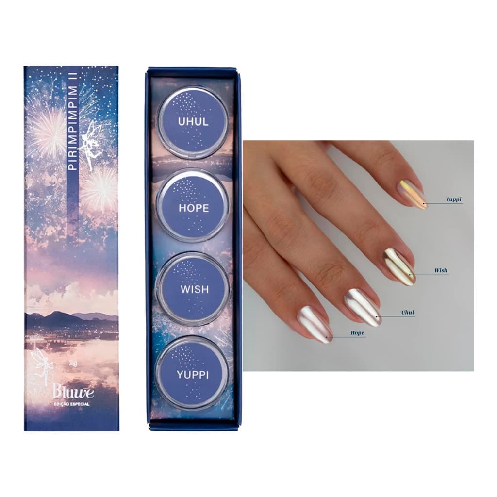 Kit Pirimpimpim Pó Cromado 2 Nail Art 4 Cores - Bluwe