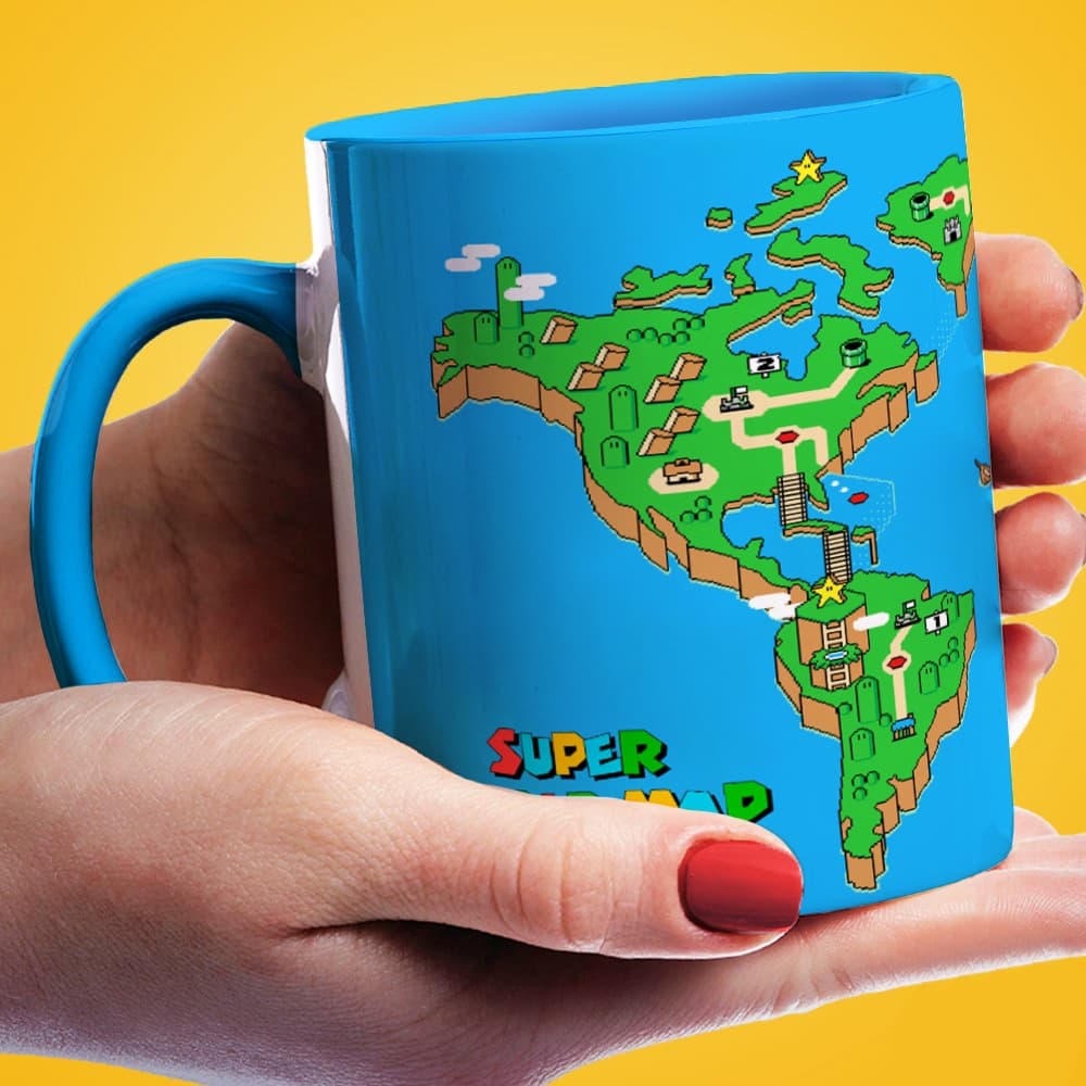 Caneca Geek Gamer Super World Map | em Cerâmica Azul ou Branca 325ml