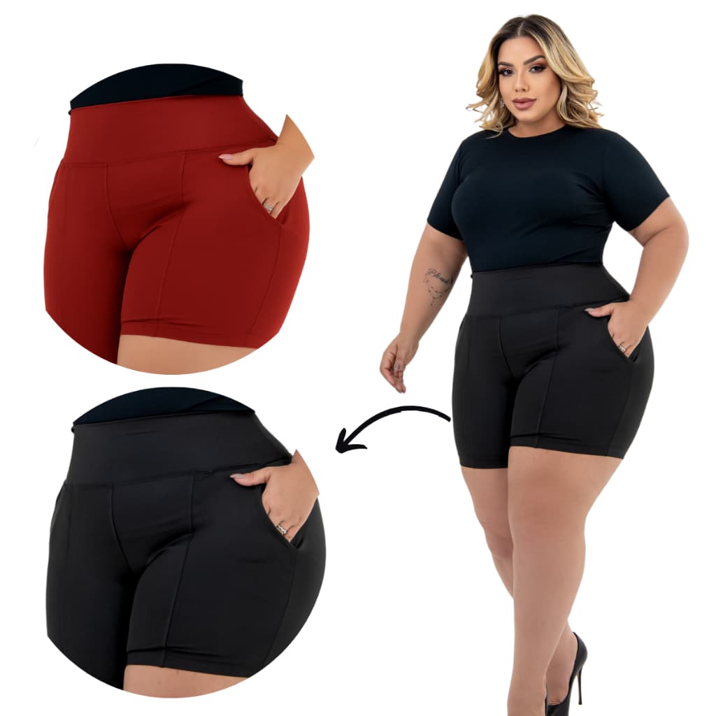 Kit 2 Bermuda Feminina Plus Size  Legging Meia Coxa Cintura Alta Com Bolso Faca GG ao G4