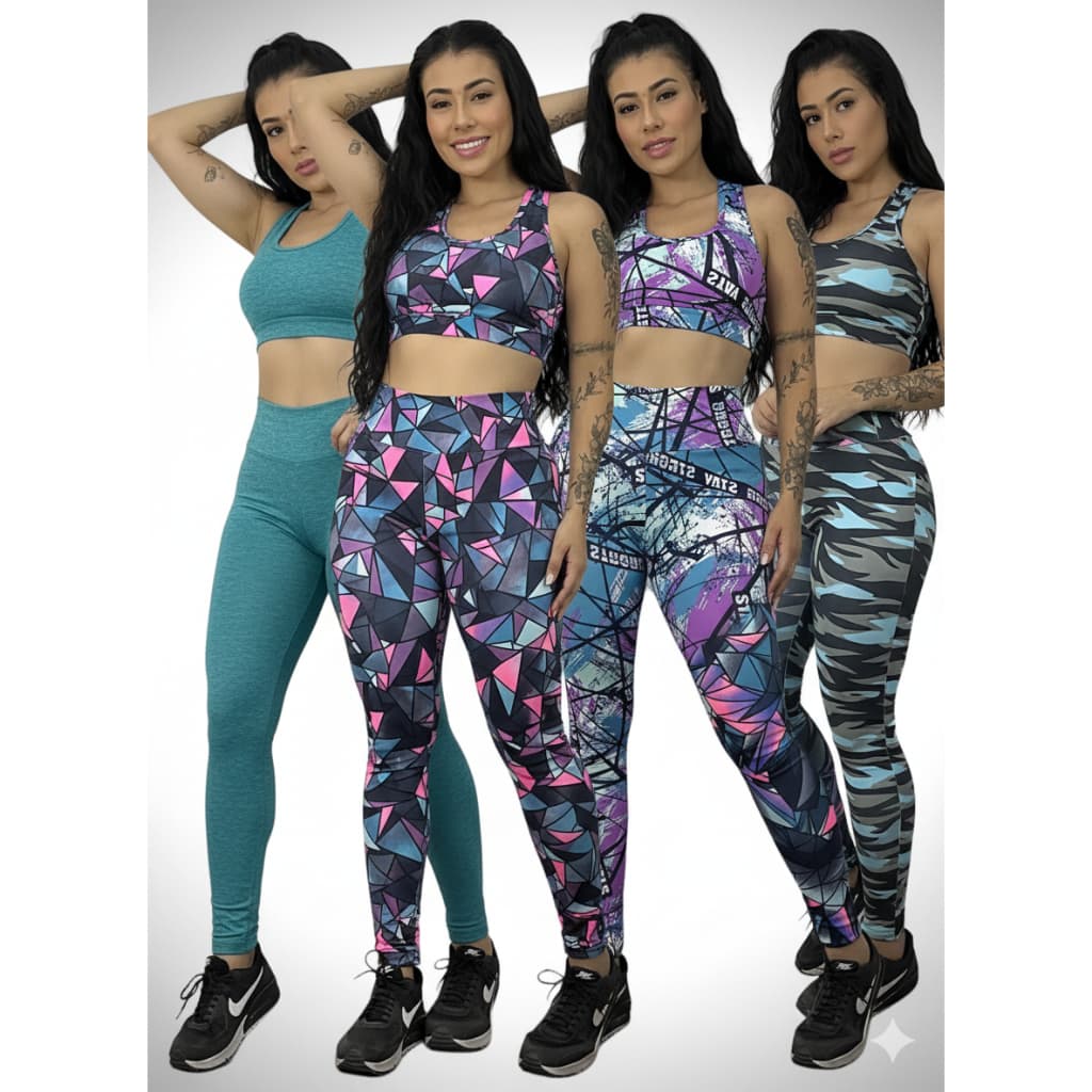 Conjunto Academia Feminino Legging Cós Alto Sem Transparência e Top Estampado Suplex