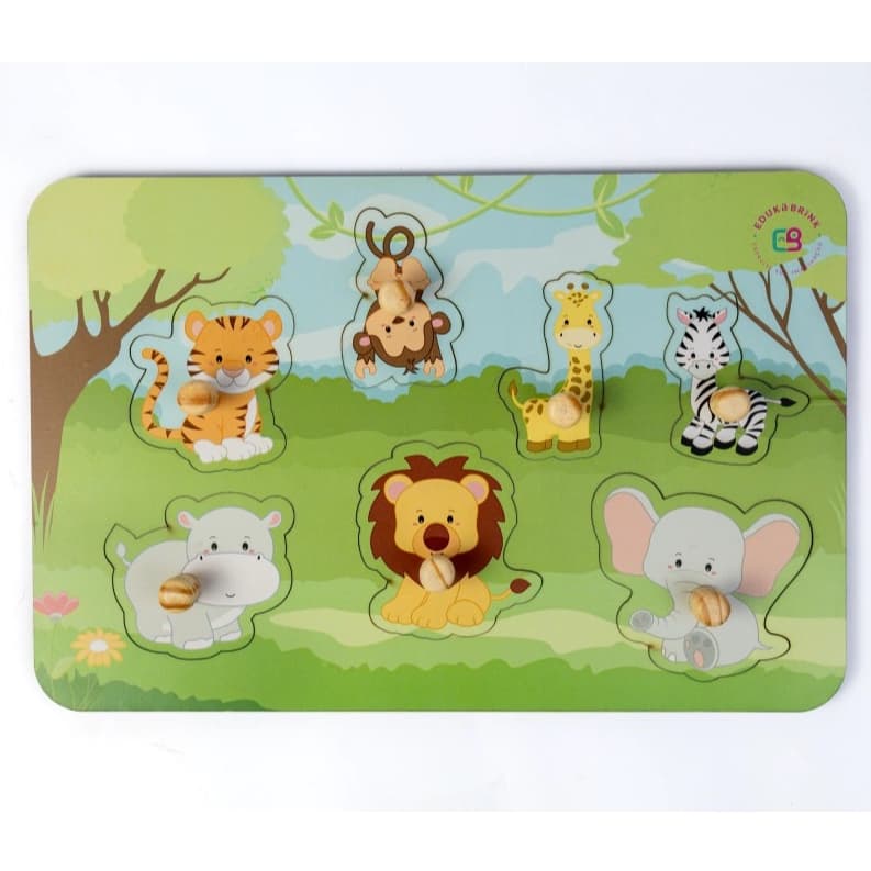 Jogo de Encaixe Safari Madeira | 7 Animais da Selva | Brinquedo Infantil de Tabuleiro Educativo