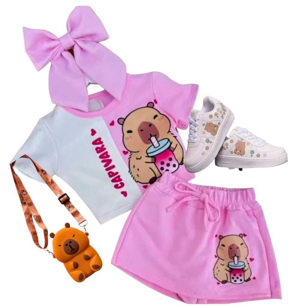 CONJUNTO   MOLETINO CAPIVARA SHORTS SAIA + BLUSA MENINA MODA VERÃO