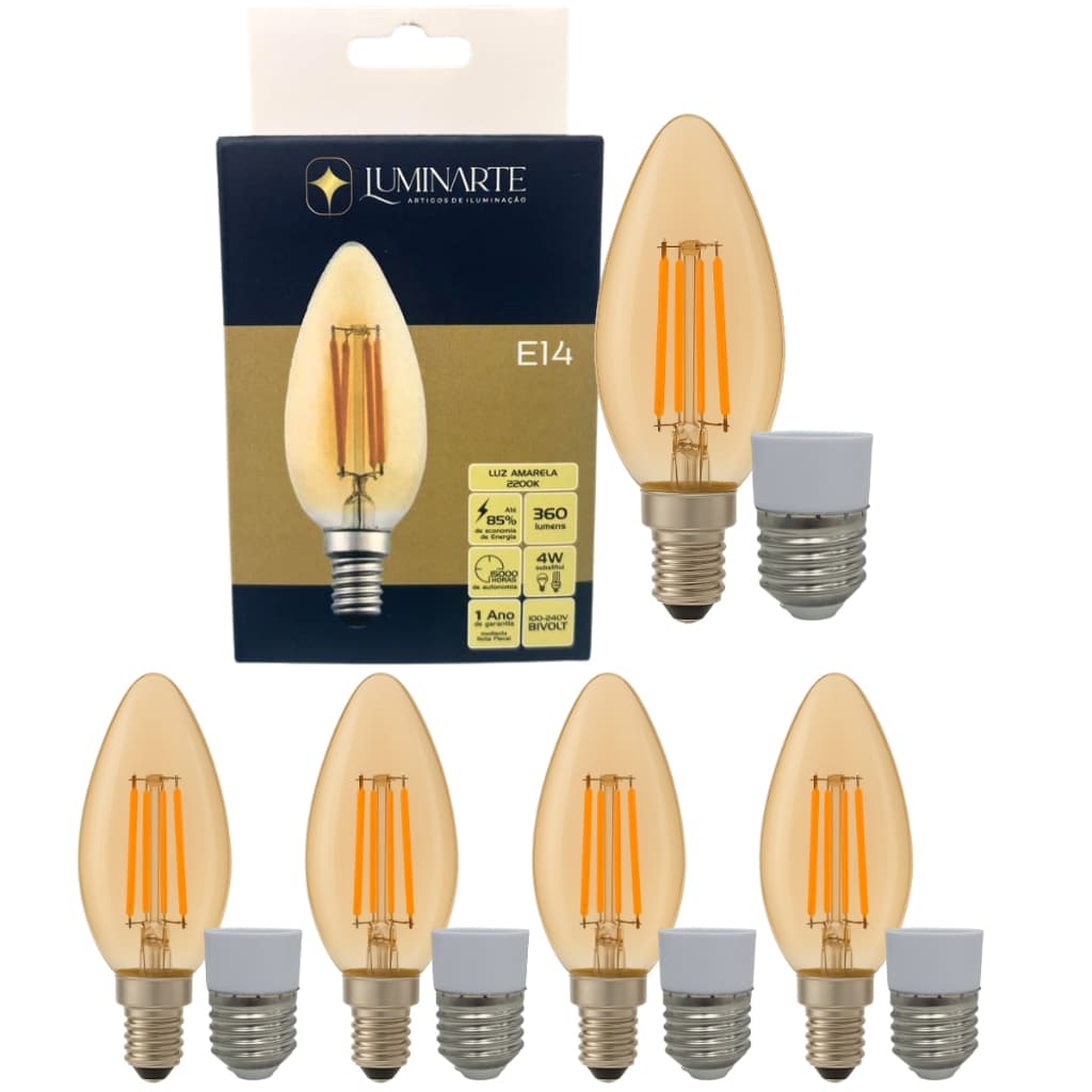 Kit 4 Lâmpadas Vela C35 LED 4W Bivolt Filamento Âmbar 2200K Luz Amarela LUMINARTE