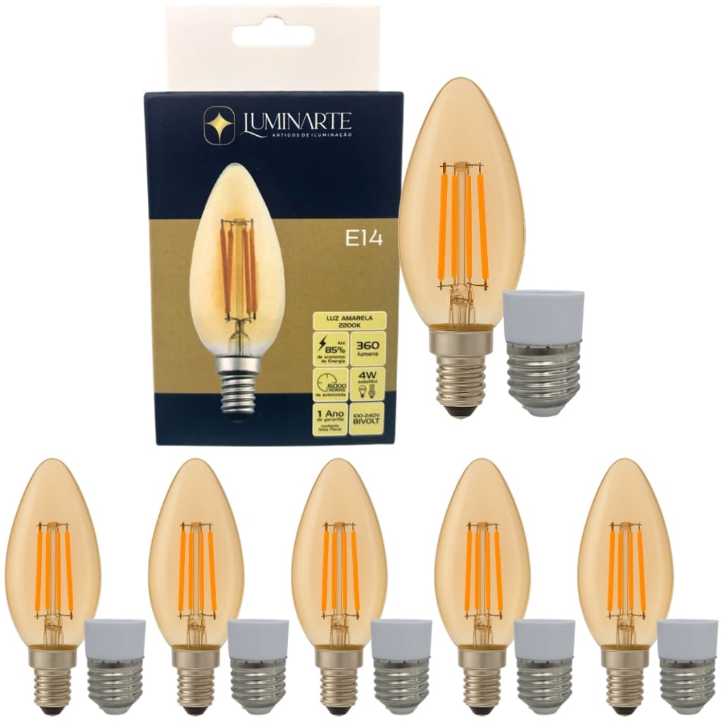 Kit 5 Lâmpadas Vela C35 LED 4W Bivolt Filamento Âmbar 2200K Luz Amarela LUMINARTE
