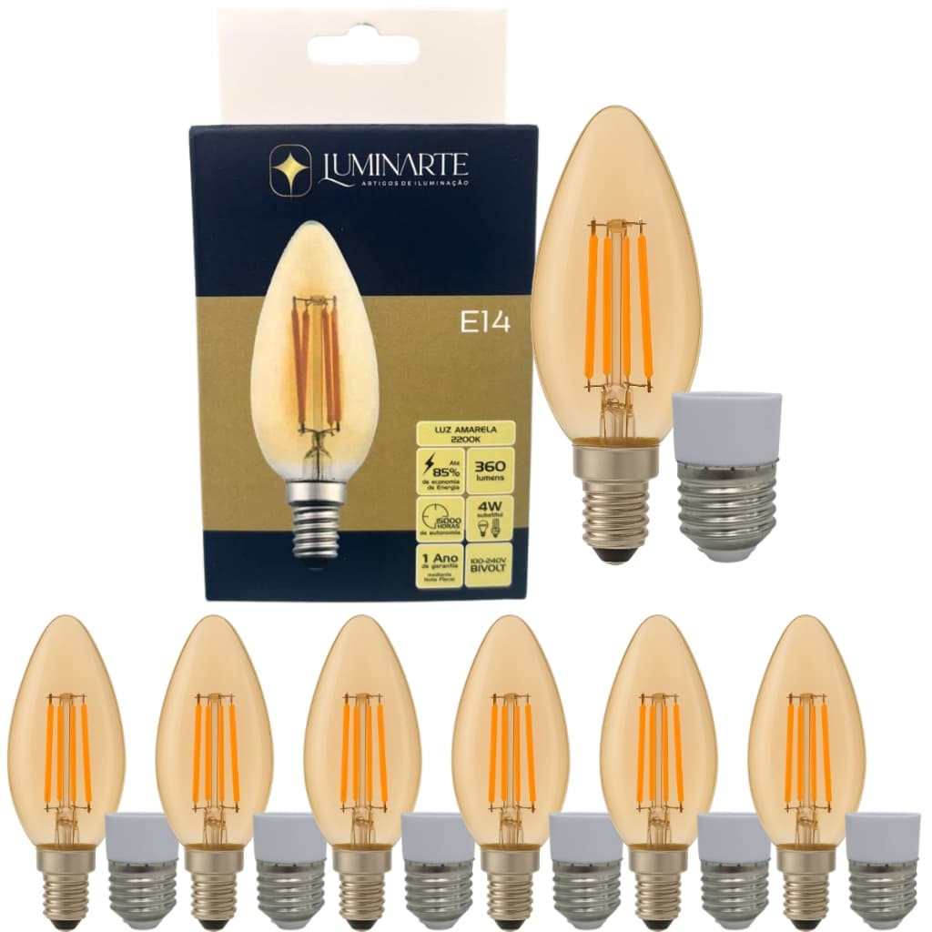 Kit 6 Lâmpadas Vela C35 LED 4W Bivolt Filamento Âmbar 2200K Luz Amarela LUMINARTE