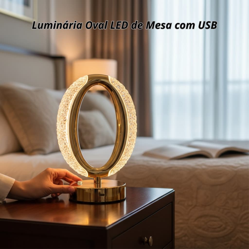 Luminária Dourada Led Oval Luxo Com Usb Quarto Sala Escritório