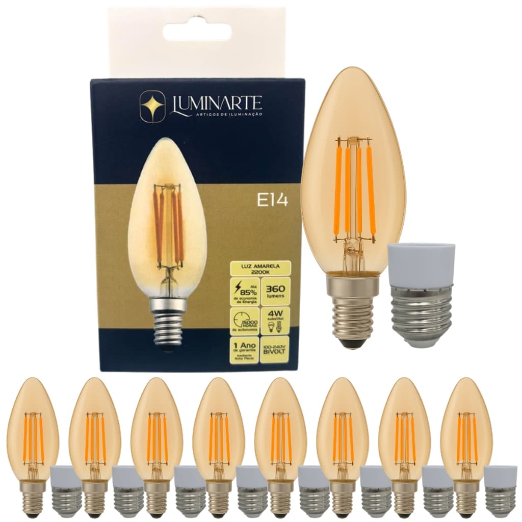 Kit 8 Lâmpadas Vela C35 LED 4W Bivolt Filamento Âmbar 2200K Luz Amarela LUMINARTE
