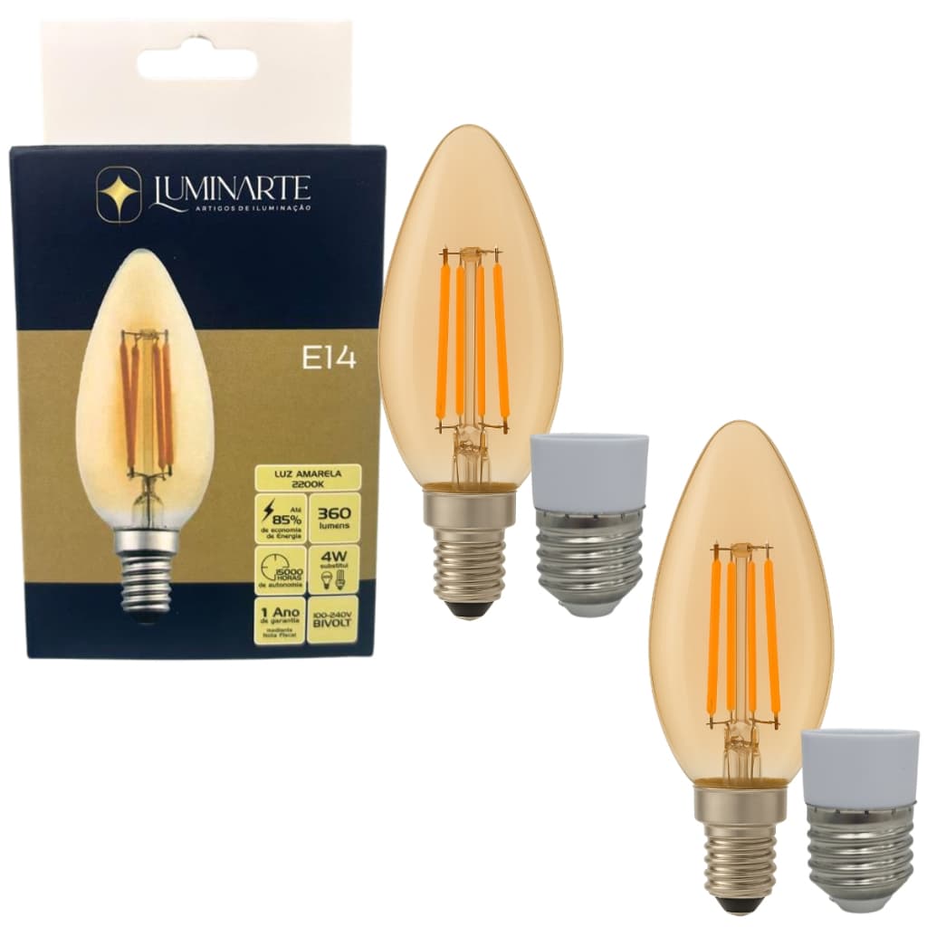 Kit 2 Lâmpadas Vela C35 LED 4W Bivolt Filamento Âmbar 2200K Luz Amarela LUMINARTE