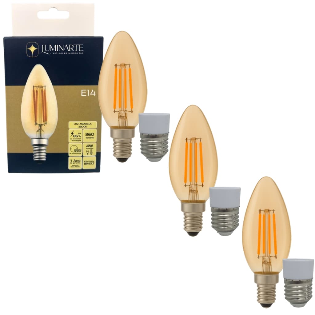 Kit 3 Lâmpadas Vela C35 LED 4W Bivolt Filamento Âmbar 2200K Luz Amarela LUMINARTE