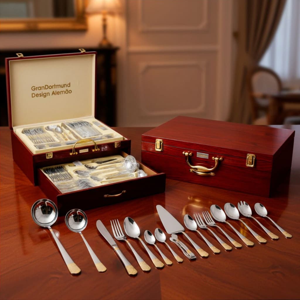 Kit Jogo Faqueiro 84 Peças Talheres Luxo em Inox Banhado a Ouro 24k Com Maleta de Madeira