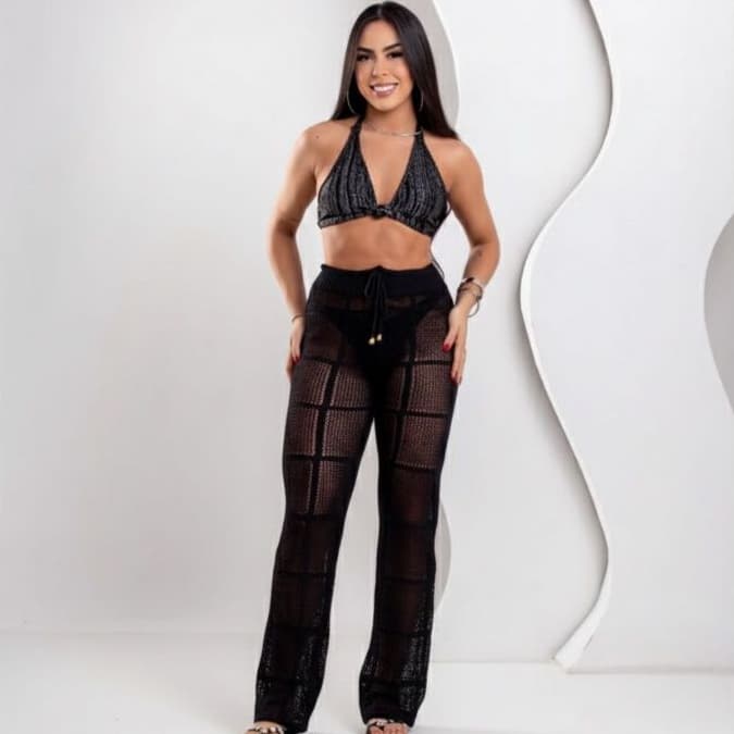 Calça Pantalona Feminina Tricot de Praia | Saída de Praia Estilo Resort Luxo 2026 | Moda Feminina Verão Elegante L
