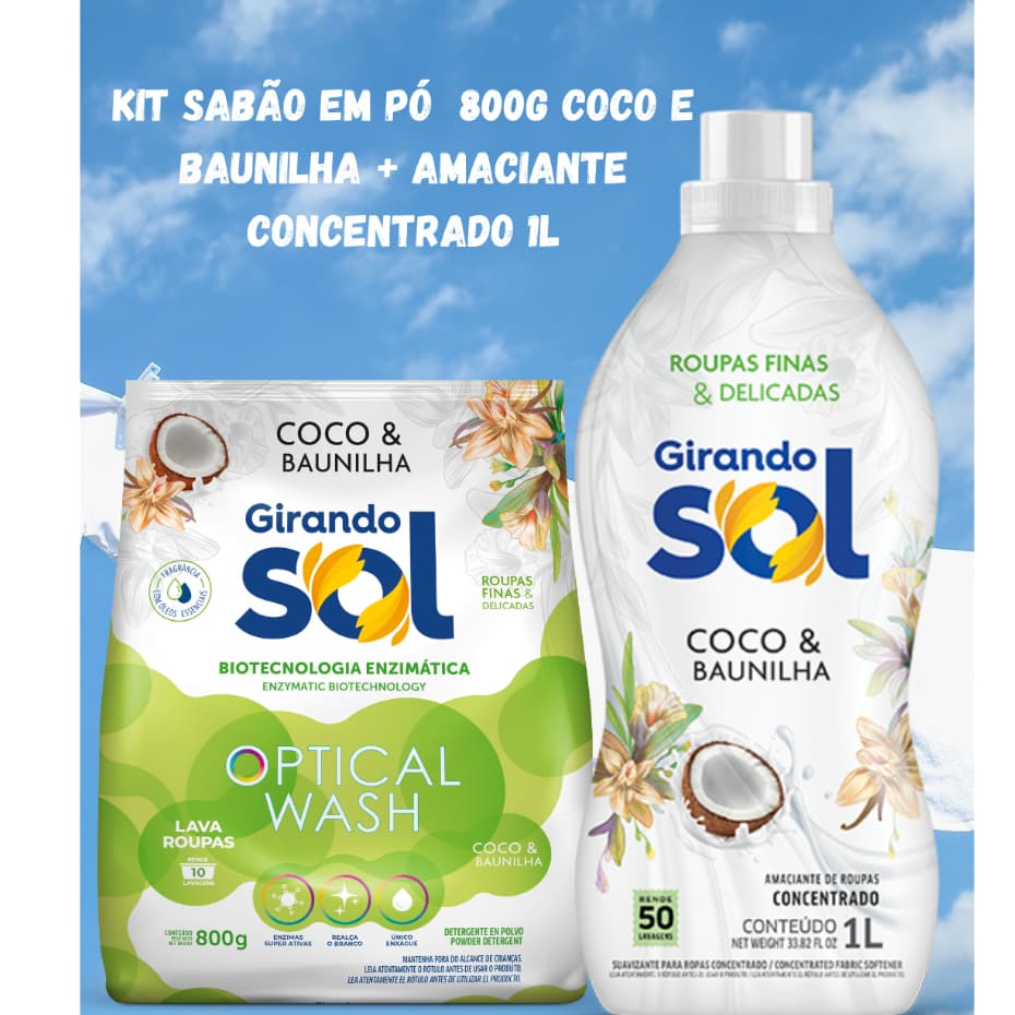 Kit Sabão em pó 800g + Amaciante concentrado Girando Sol coco e Baunilha 1L