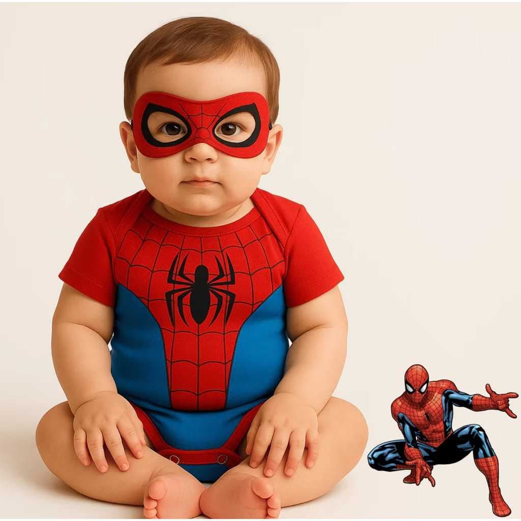 Body Bebê Homem Aranha Body + Mascara Fantasia Infantil Mesversario