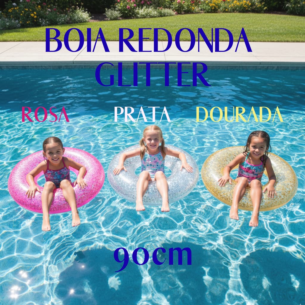 Boia Grande Redonda  90cm Rosa Prata ou Dourada Com Glitter Piscina Praia Verão Glittering