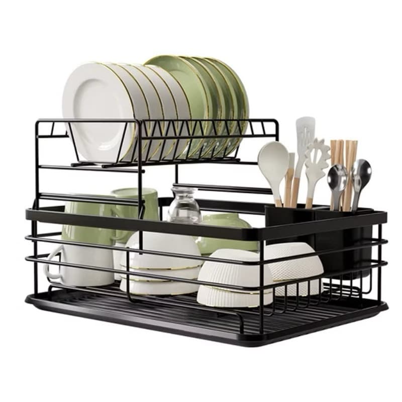 Escorredor de Louça Duplo/Inox com Bandeja Coletora | Organizador de Pia para Pratos, Copos e Talheres de Cozinha
