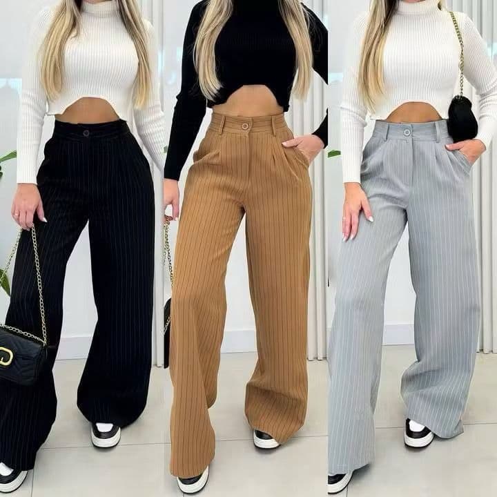 Calça Pantalona Alfaiataria Feminina Cintura Alta com Bolso Giz Wide leg Aerolook