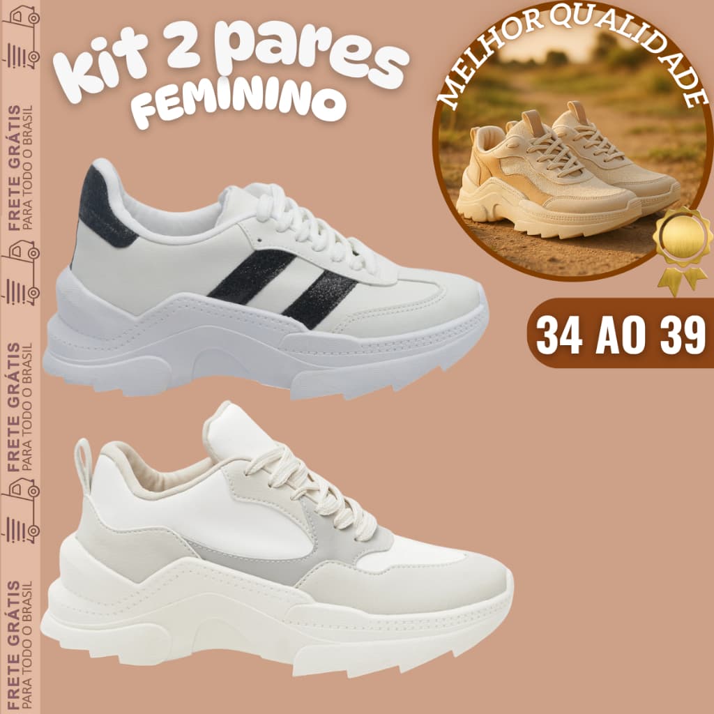 Kit 2 Pares Tênis Feminino Sneaker Tratorado – Plataforma Alta e Conforto Premium