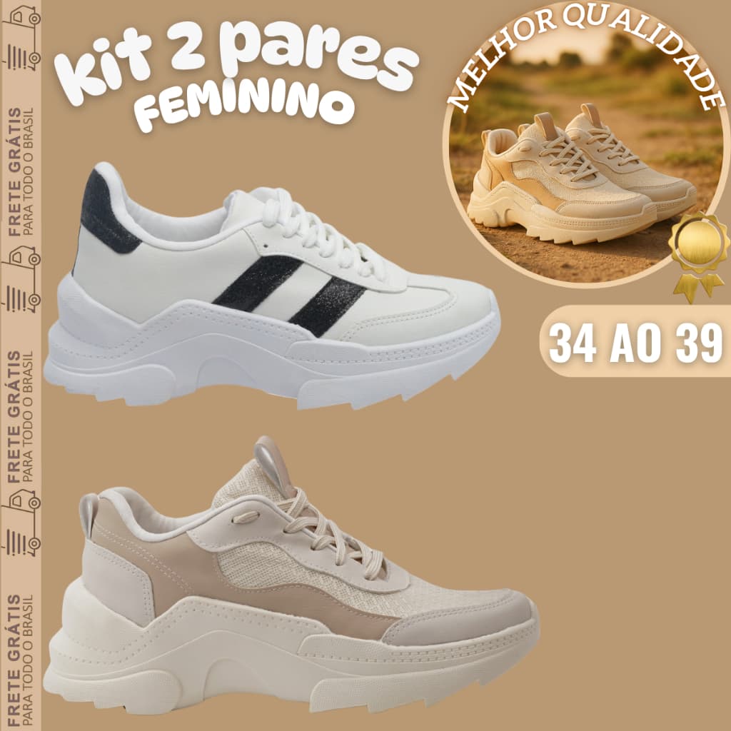 Kit 2 Pares Tênis Feminino Plataforma – Leve, Estiloso e Super Confortável