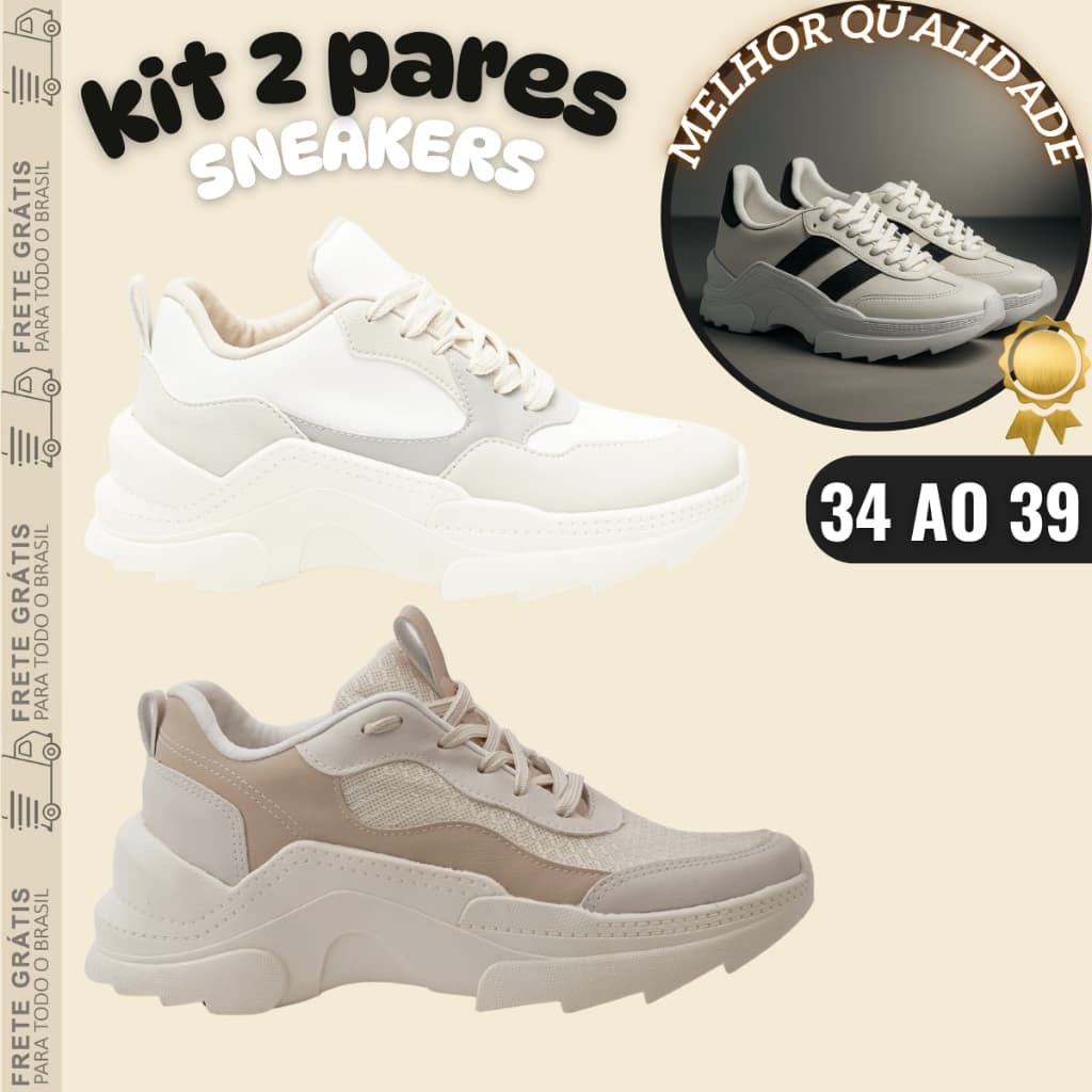 Kit 2 Pares Tênis Feminino Sneaker – Plataforma Robusta e Estilo Premium