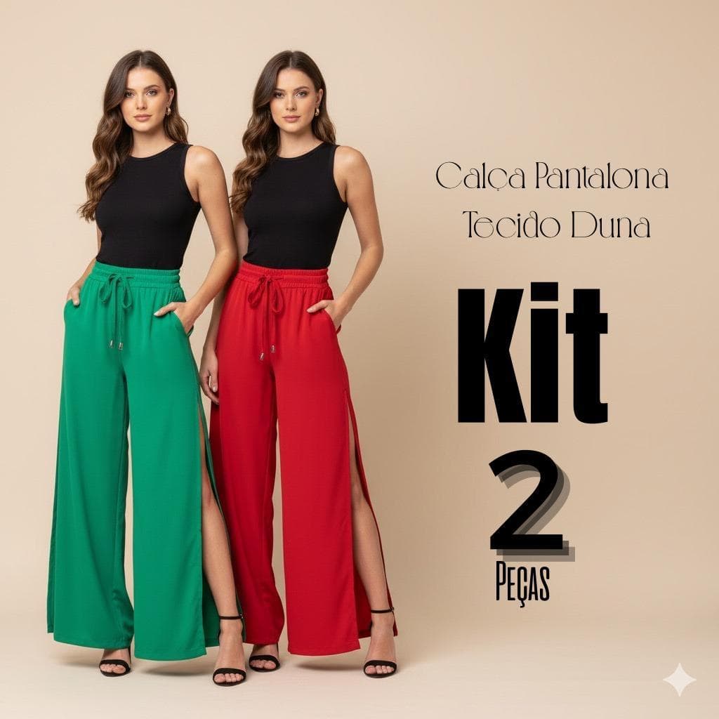 Kit 2 Calcas Pantalonas Femininas Tecido Duna Com Fenda Lateral Bolsos Forro Nao Transparente