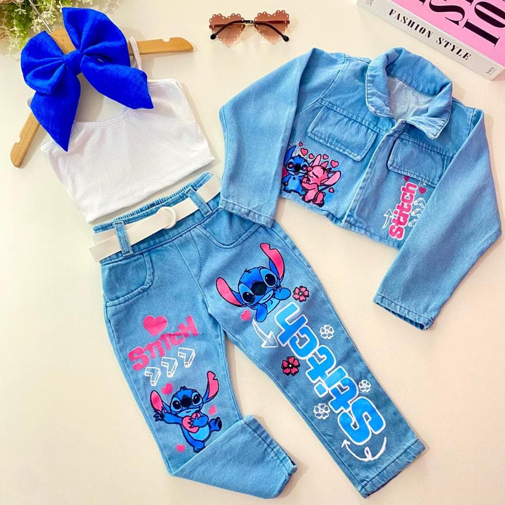 Conjunto Infantil Jeans Stitch Menina Blogueirinha Jaqueta jeans Calça Jeans Blusa + Cinto  4 Peças