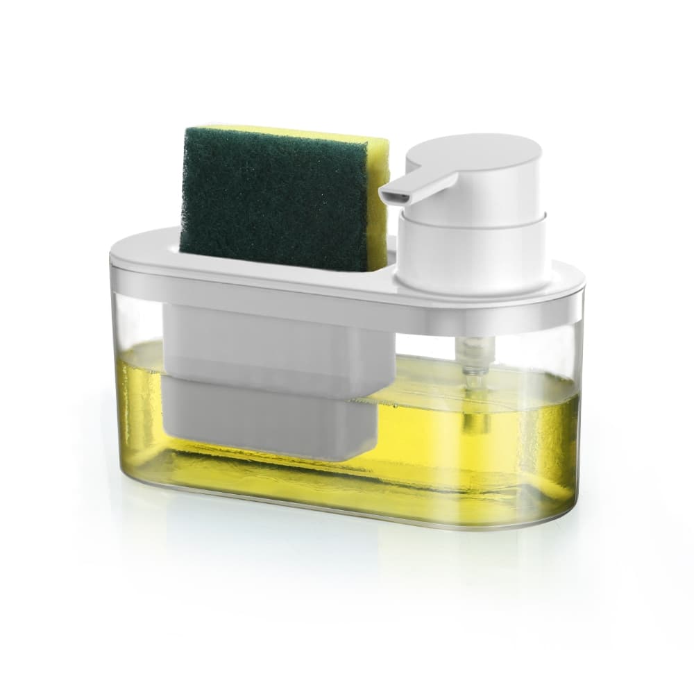 Dispenser Para Detergente Com Porta Bucha Base Transparente e Tampa em Preto ou Branco à escolher