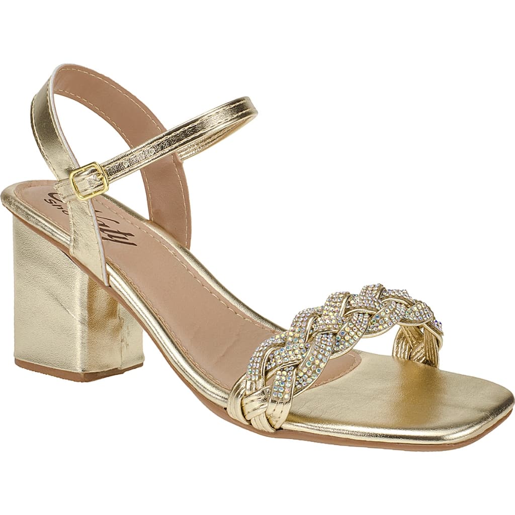Sandália Feminina Ouro Strass Salto Alto Grosso Casual Festa Confortável Tamanho Grande Naty Shoes