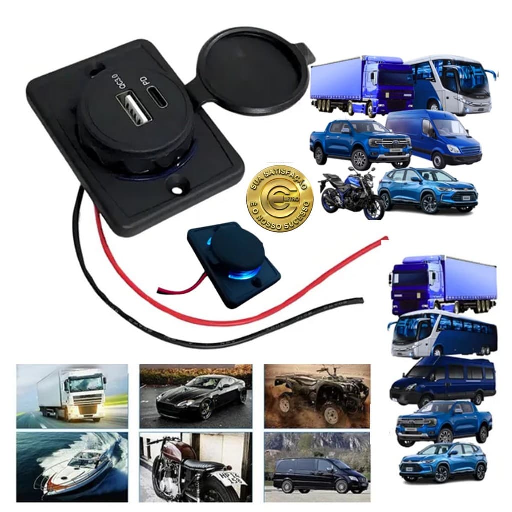 Carregador Tomada USB + TYPE-C Veicular 12~30v Saida 5V Para Carro Passeio Caminhão 6880