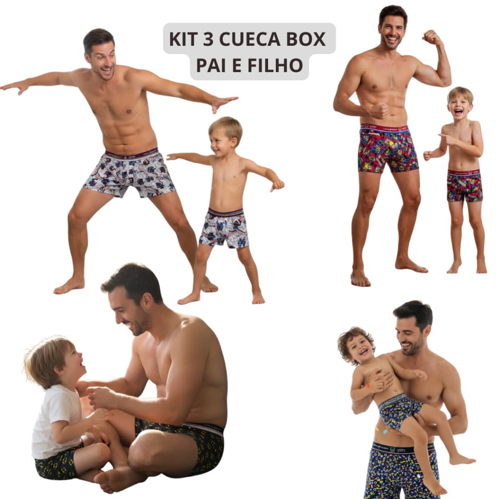 KIT 3 PAR CUECA BOX DIVERTIDA PAI E FILHO - 3 ADULTA E 3 INFANTIL - KIT TAL PAI TAL FILHO