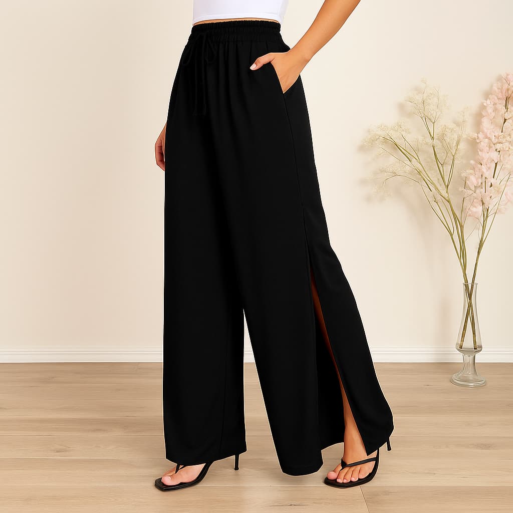 Calça Pantalona Tecido Duna com abertura lateral não amassa Modinha com cintura alta Tendencia Flare