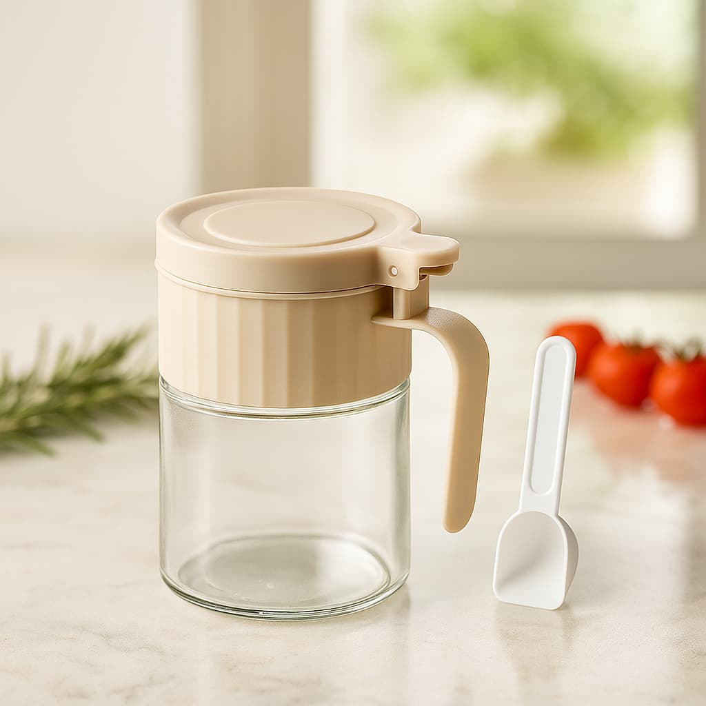 Porta Condimento Vidro 250ml Tampa Hermética Colher Saleiro Açucareiro Pote Tempero Organizador