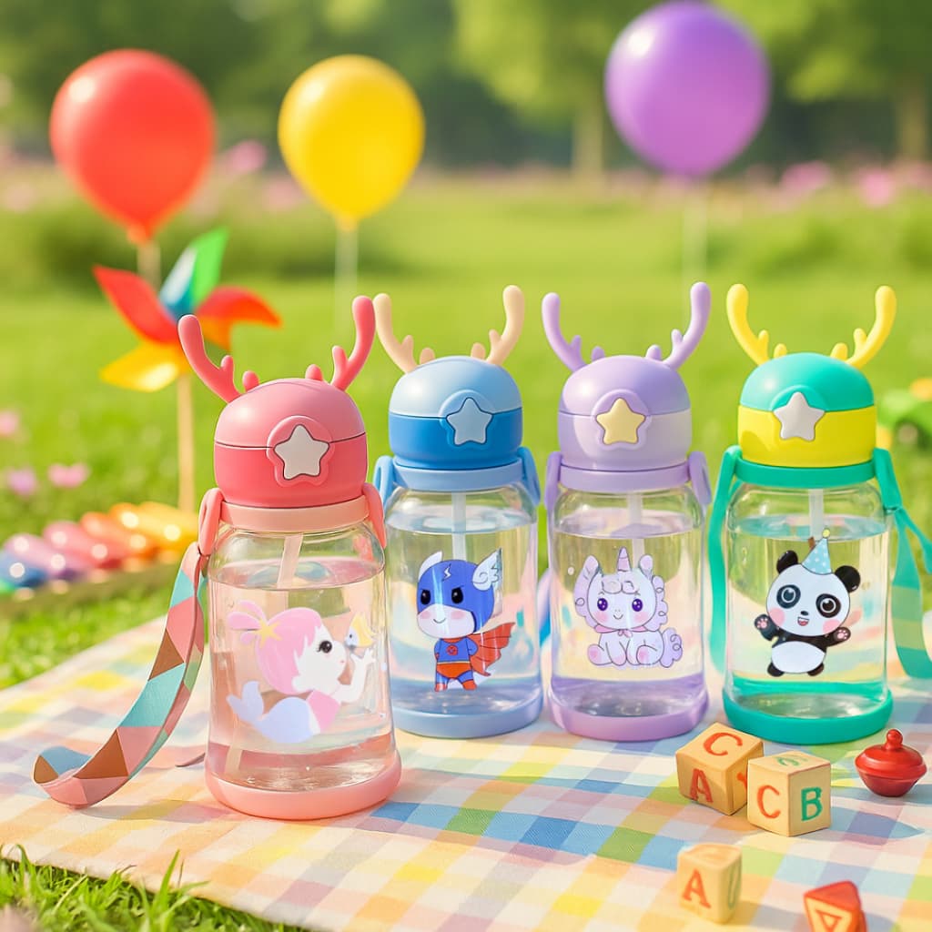 Garrafa com Canudo 600ml para Crianças Alce Fofo Leve e Prática para Bebês Kids Divertido Bico Macio