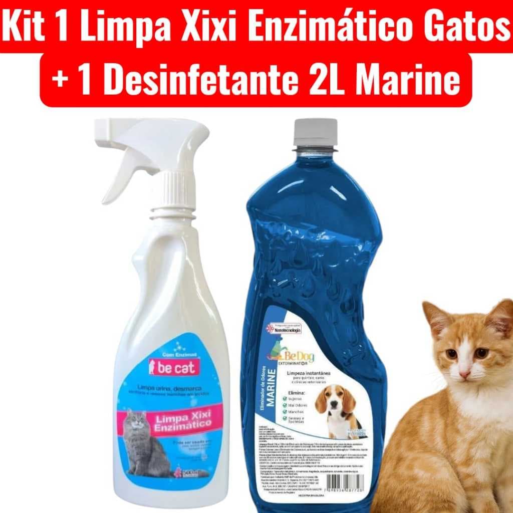 Kit 1 Limpa Xixi Enzimático Gato 500ml + 1 Desinfetante 2L - Marine - Be Dog
