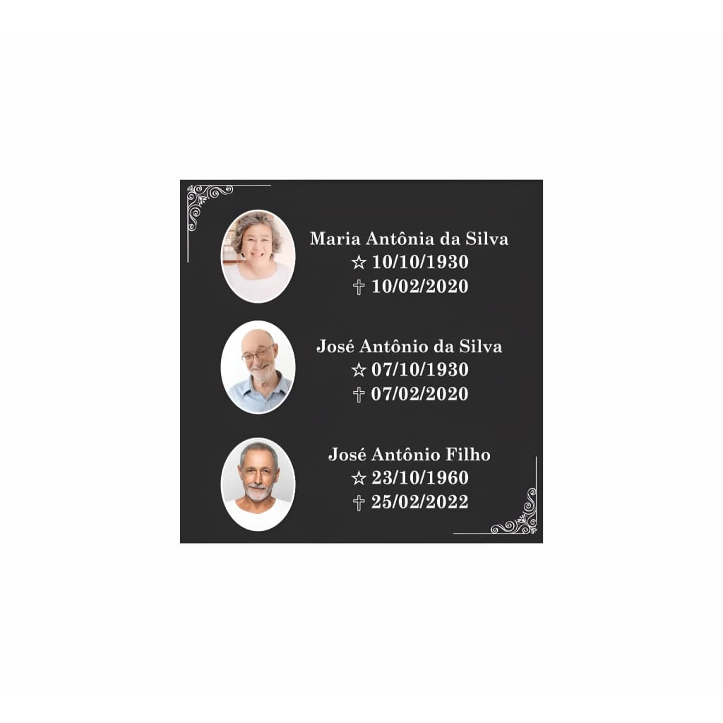 Placa Para Túmulo Lápide Jazigo 3 Nomes Acm Preta 25x25cm